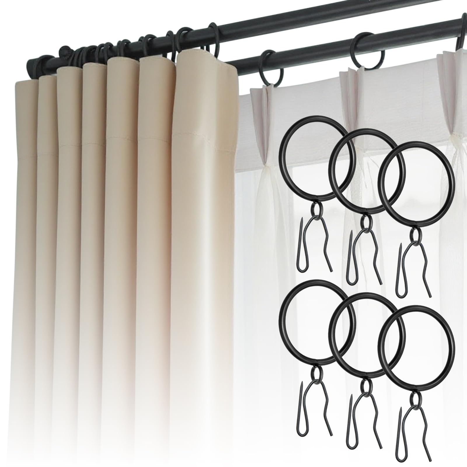 CONAMEI 50 Pcs Curtain Rings and Hooks 1.52 Inch - Stainless Steel Shower Curtain Rings and Hooks with Eyelets for Curtains Rods and Bathroom Shower Rods, Black