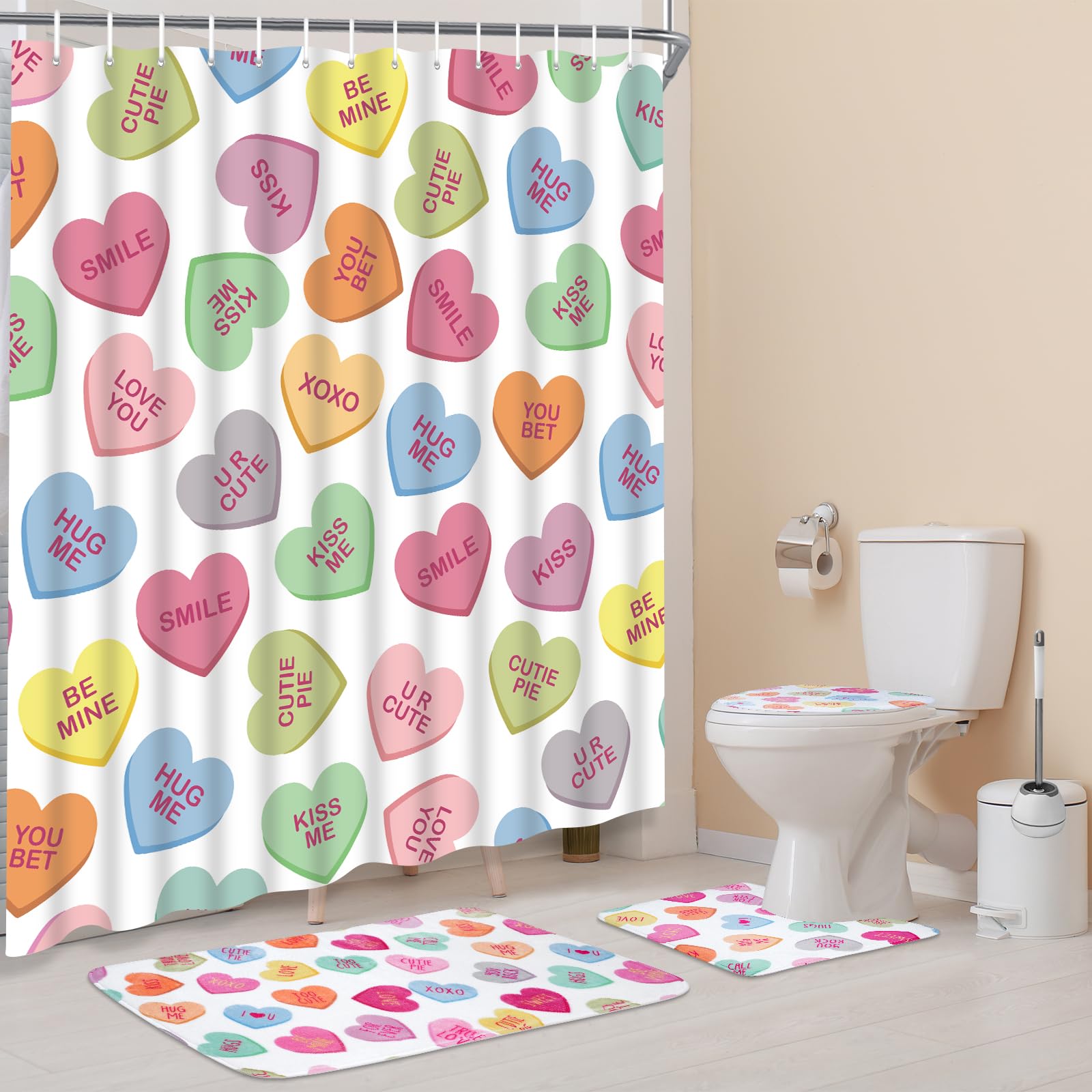 Hauwellter 4 Pcs Valentines Day Shower Curtain Sets, Pastel Heart Valentine Bathroom Set with Shower Curtains and Non Slip Rug Toilet Lid Cover U Shaped Bath Mat, Valentines Day Bathroom Decorations