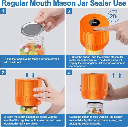 LOVE MOMENT Electric Mason Jar Vacuum Sealer Kit - Ideal for Wide & Regular Mouth Jars - Orange