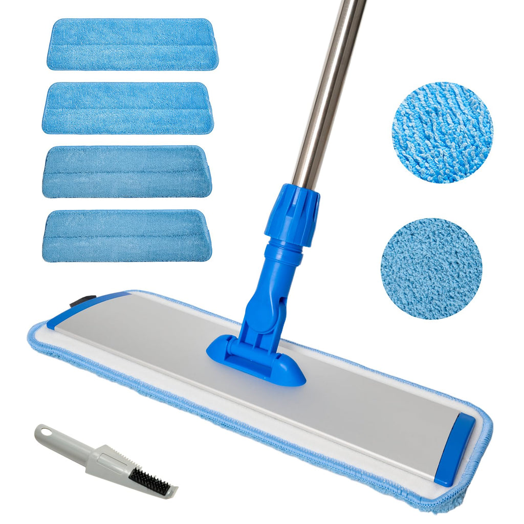 17.5'' Microfiber Mop for Floor Cleaning-Blue Flat Floor Mop with 58'' Stainless Steel Handle- 4 Reusable Washable Replacement Pads-Wet & Dry Use for Hardwood Tile Laminate-Home Kitchen Bathroom