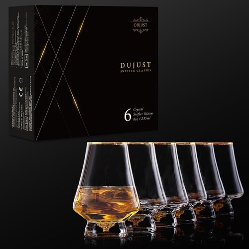 DUJUST Snifter Glasses Set of 6 (8oz), Crystal Whiskey Glasses with 24K Gold Leaf Flakes, Luxury Tasting Glasses for Brandy/Cognac/Bourbon/Tequila/Scotch, BPA-Free & Lead-Free