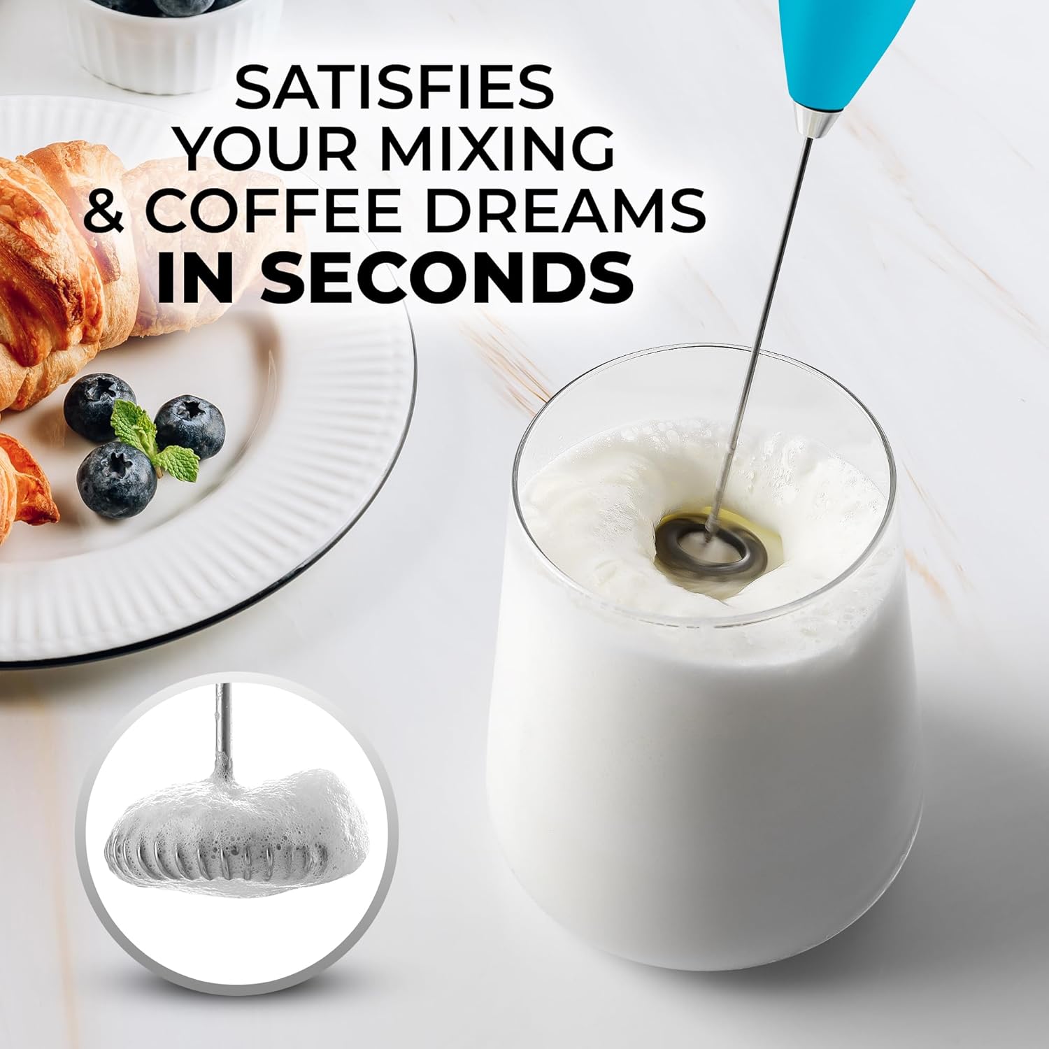 Zulay Kitchen Milk Frother Wand - Ultra-Fast Electric Whisk for Coffee, Lattes & Cappuccino - Love Coffee Blue