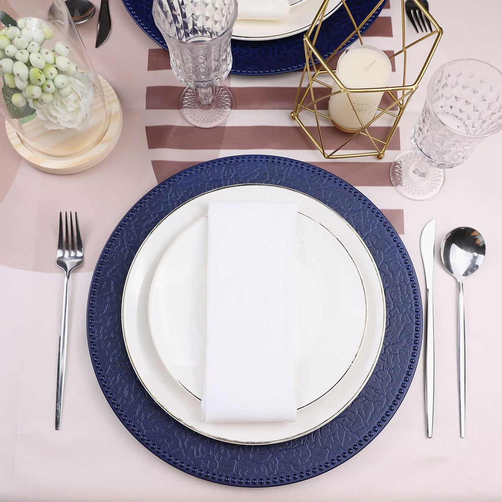 SforGUVA Navy Blue Chargers for Dinner Plates with Beaded Rims, Set of 12 Plastic Bulk Wedding Charger Plates for Thanksgiving, Christmas, Holiday Party Table Setting.