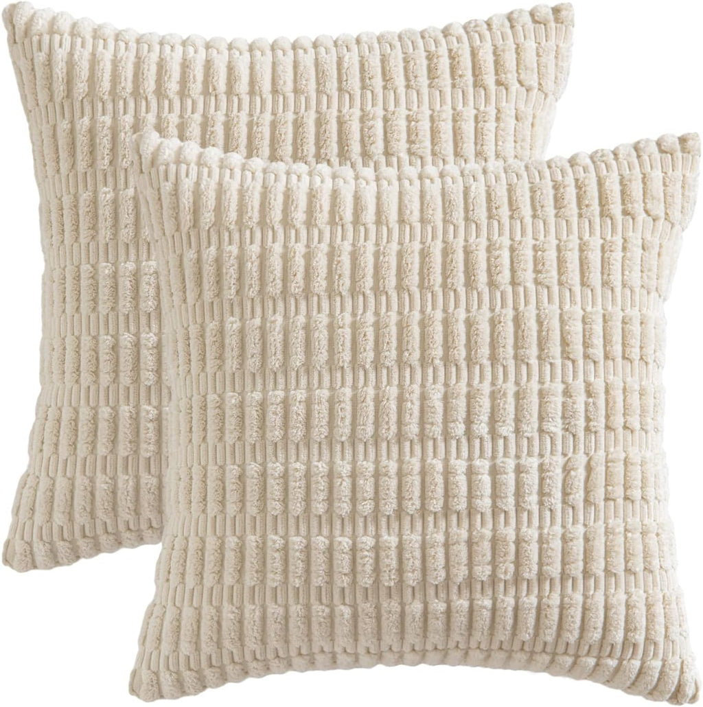 MIULEE Corduroy Throw Pillow Covers - Soft Boho Striped Design | 12x12 Inch Cream White Decor
