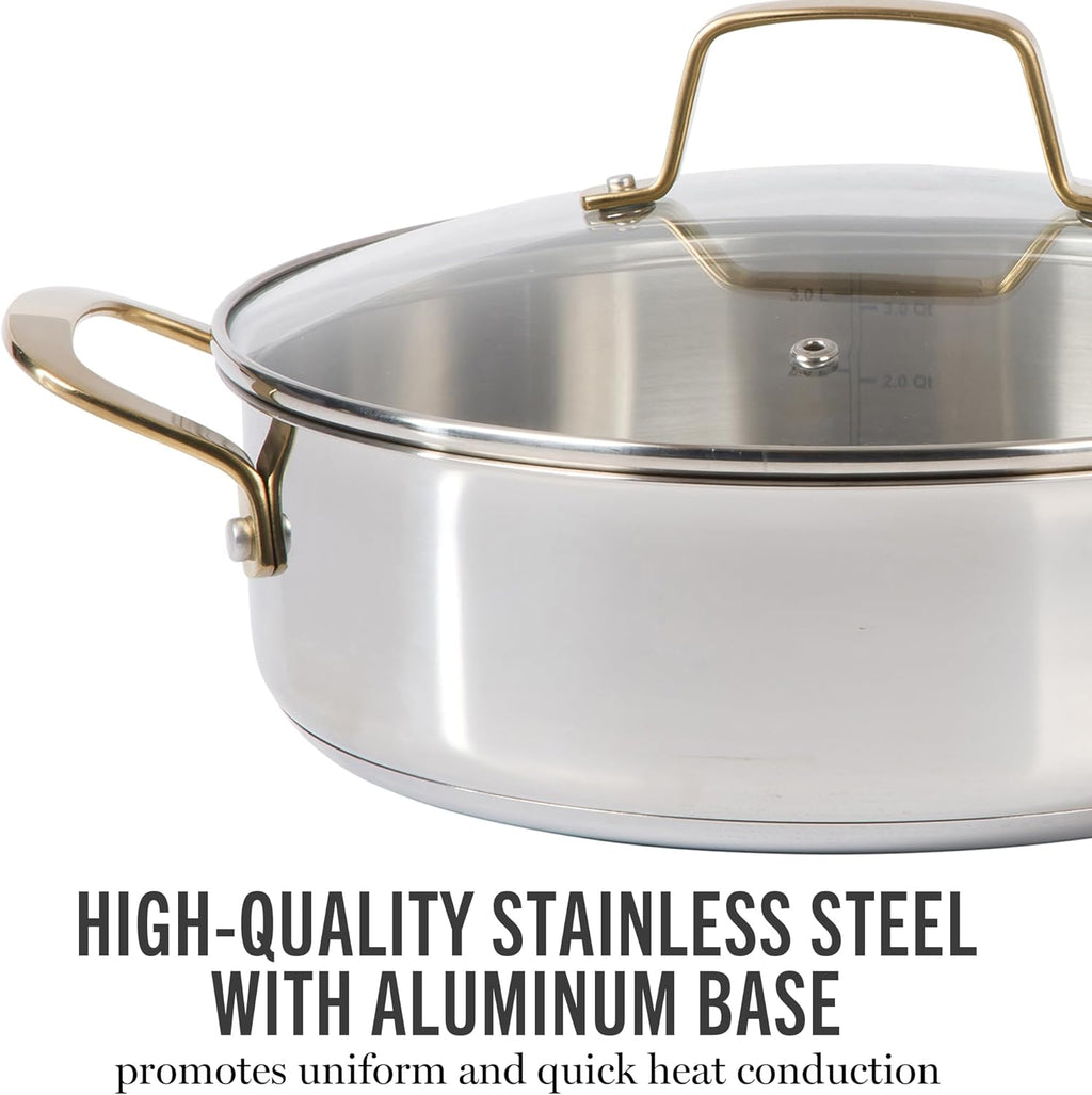 Martha Stewart Castelle 10-Piece Stainless Steel Cookware Set | Durable, Induction Safe, Non-Toxic - Gold Handles