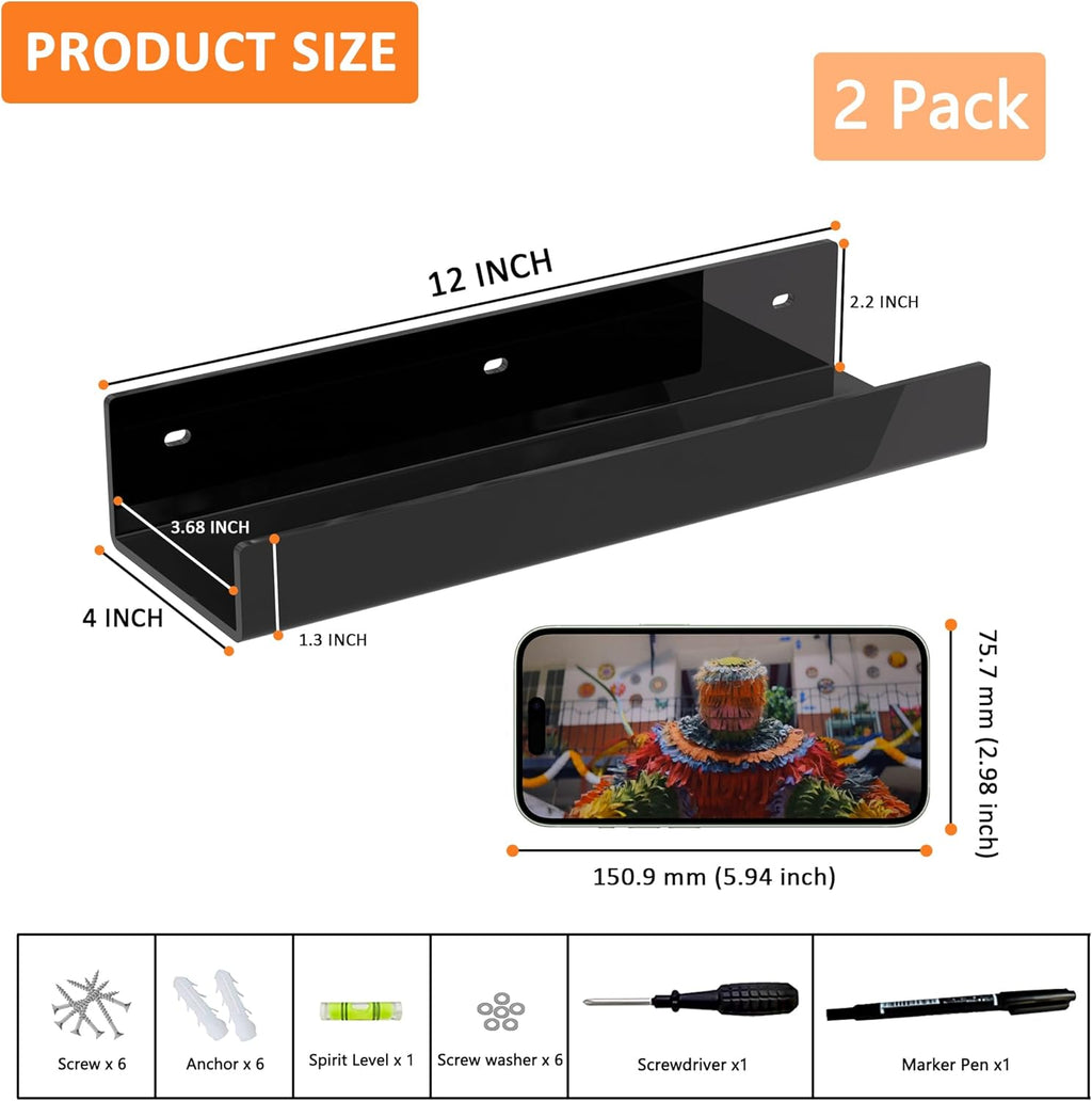 Skiennix 12-Inch Black Acrylic Wall Shelf - Stylish Wall-Mounted Storage Organizer | 2 Pack