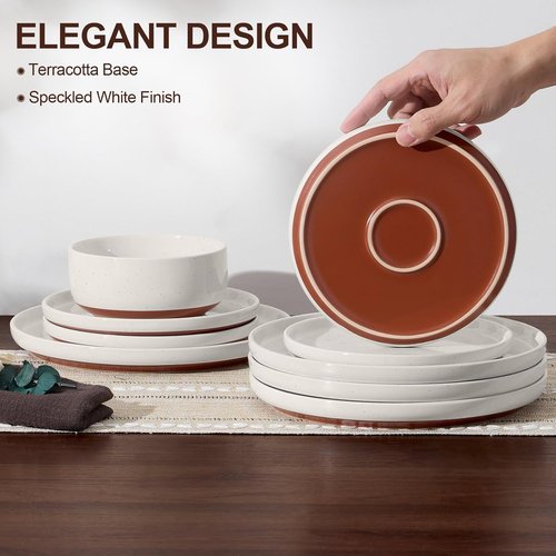 E-far 12-Piece Stoneware Dinnerware Set - Chip & Scratch Resistant, Microwave & Dishwasher Safe, Speckled White for 4
