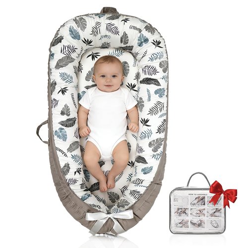 Infant Support Cushion - Reversible & Adjustable Baby Support Mat for Tummy Time | Soft, Breathable, Washable Cover | Grey Leaves