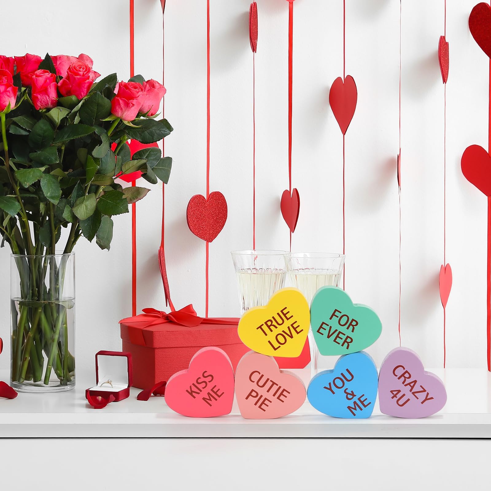 Valentines Day Decorations, 6 PCS Double-sided Wooden Valentine's Conversation Hearts for Tiered Tray Shelf Mantel Office Decor Freestanding Tabletop Wood Block Sweet Sayings for Home Decor Wedding