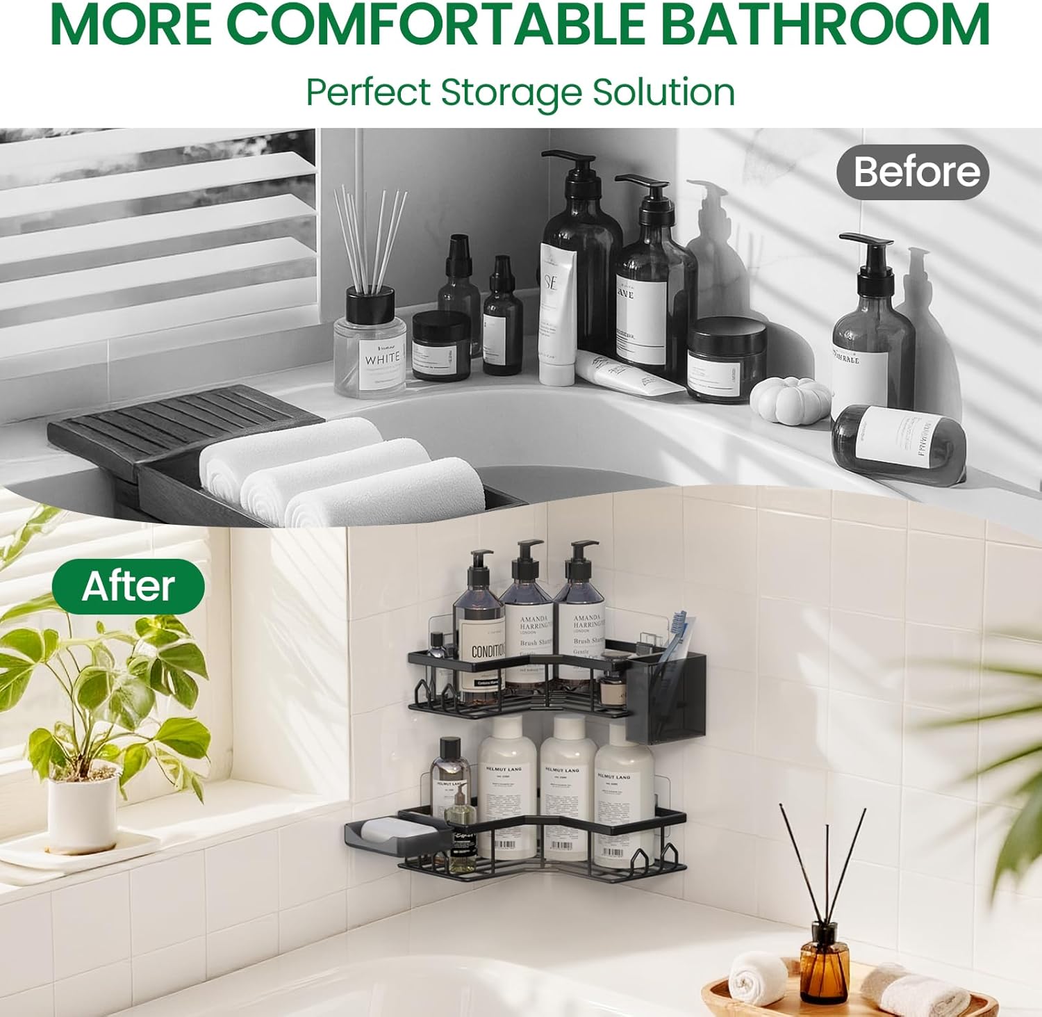 Skiennix Adhesive Shower Caddy - Rustproof Stainless Steel Corner Organizer | 2 Pack with Large Capacity