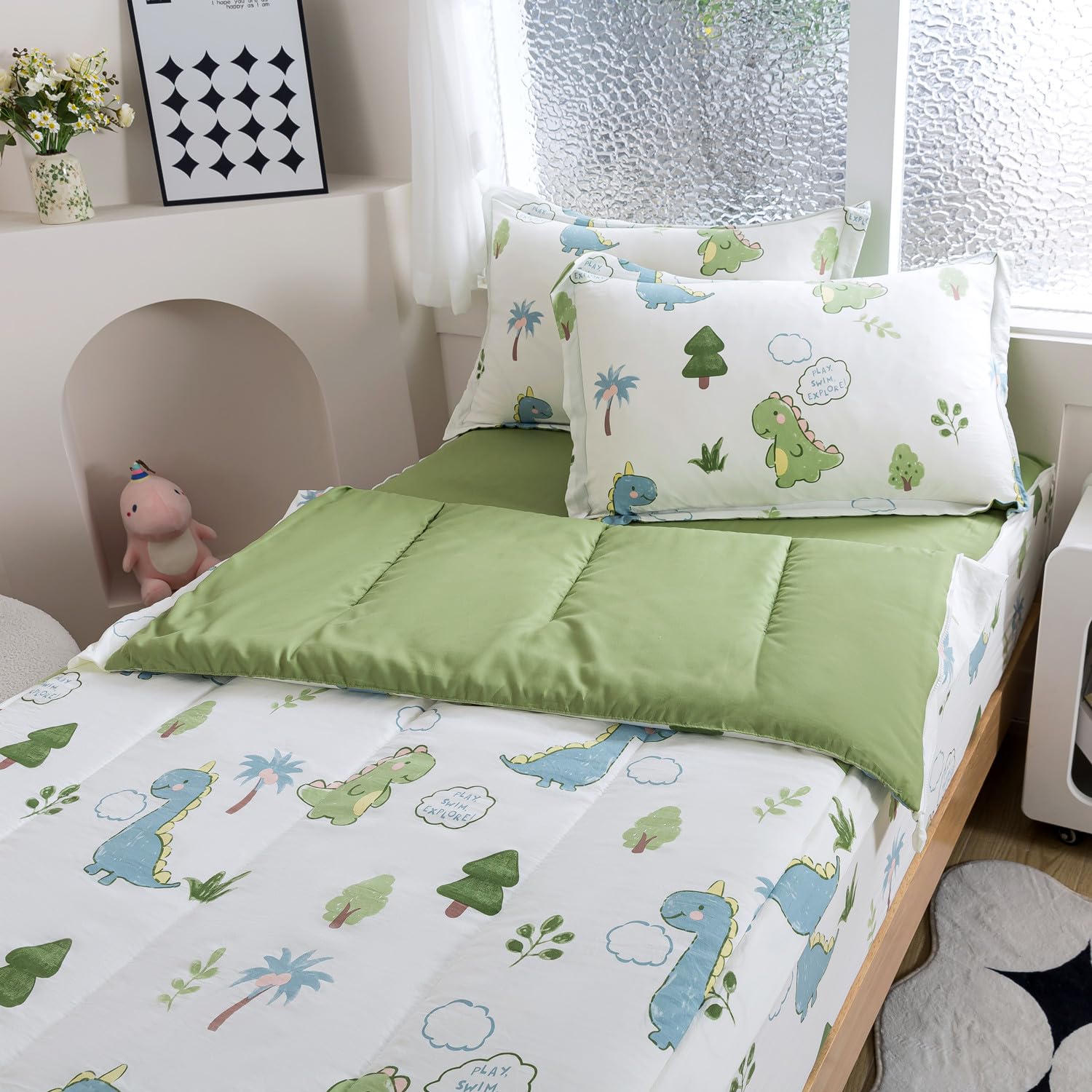 qjmiaofang 4Pcs Zipper Bedding Twin for Kids Dinosaur Comforter Set Boys Teens Zip Up Bedding with Sheets All Season Cute Little Dinosaur All in One Zipper Bed Set with Fitted Sheet Decor