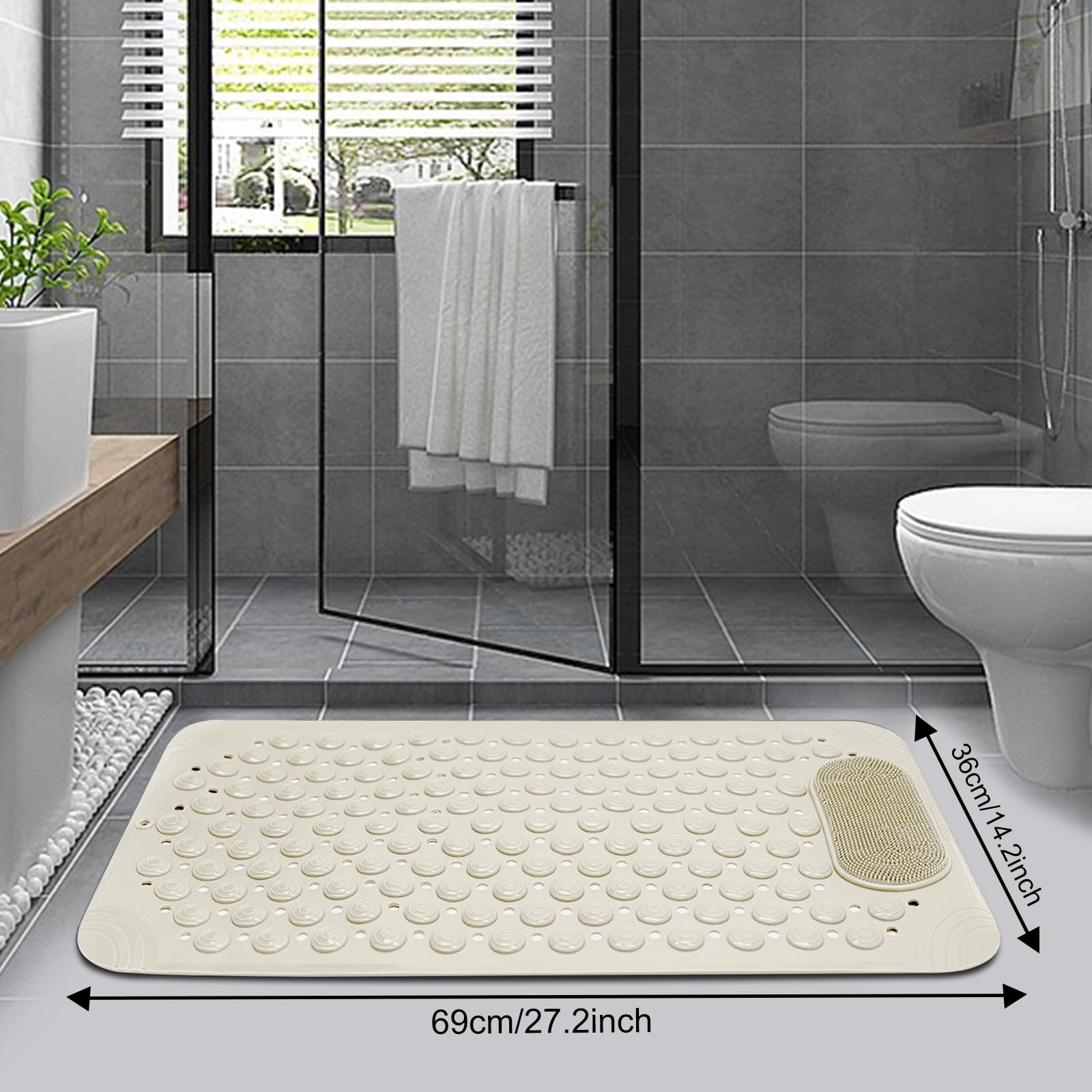 Bathtub Mat 27x14 inch Non Slip Shower Mat with Suction Cups, Anti Slip Shower Mat with Drain Holes Foot Scrubber, Machine Washable Bath Tub Shower StallMat (Khaki)