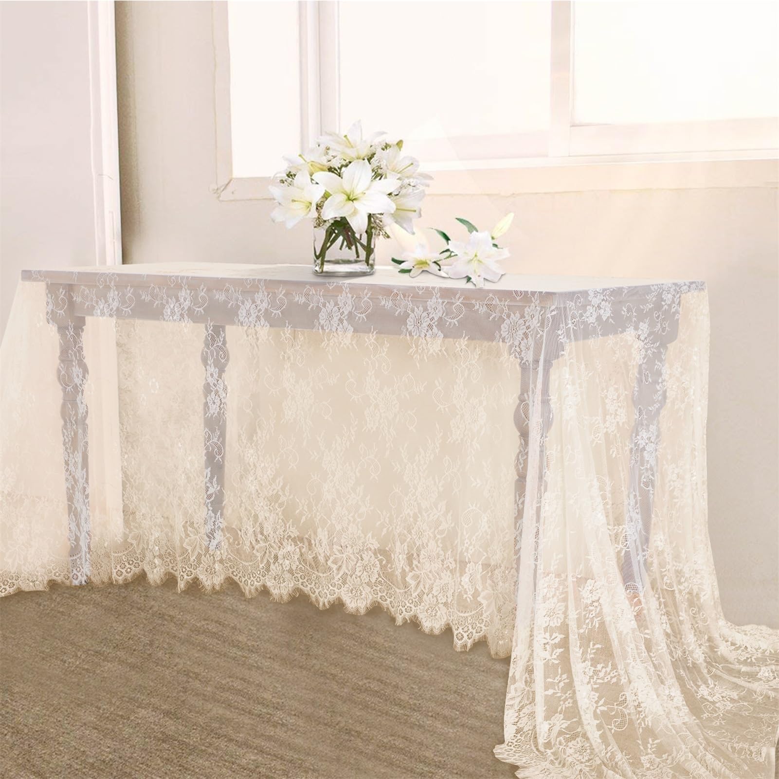 B-COOL Lace Tablecloth 5 Pack Ivory Wedding Table Cloth 60 x 120 Inch Rustic Table Overlay Sheer Tablecloths for Vintage Party Floral Bridal Shower Decorations