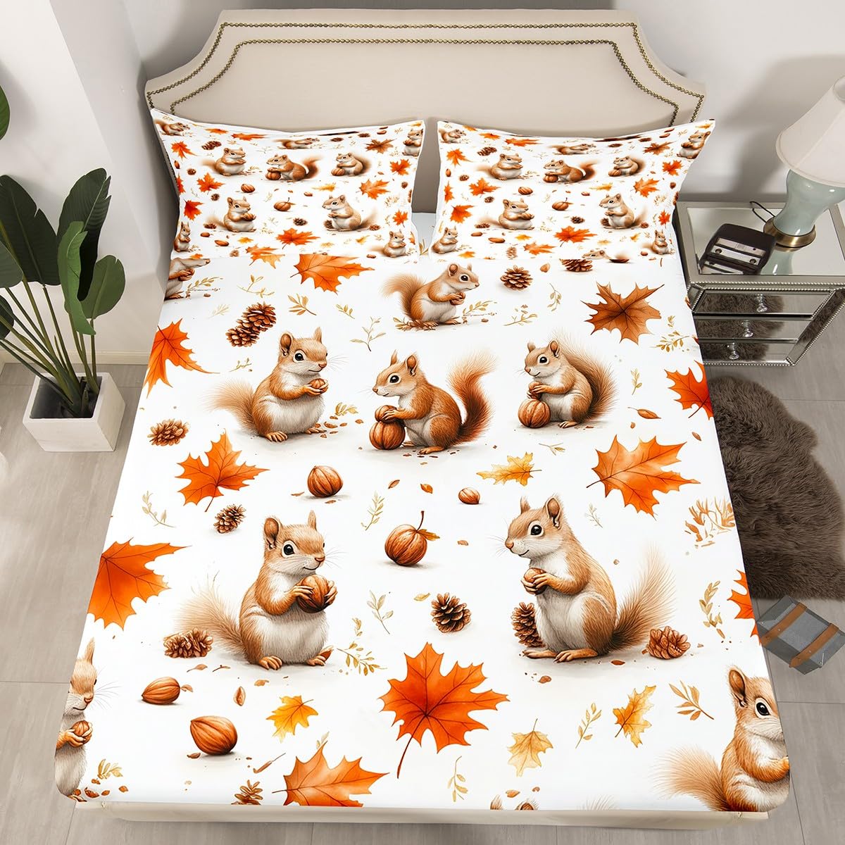 Feelyou Boys Girls Fall Autumn Sheet Set Queen Size, Cute Squirrel Bed Sheets Set Cartoon Animal Sheets with Deep Pocket Fitted Sheet Kids Maple Leaf Teens Bedding Set with 2 Pillow Case
