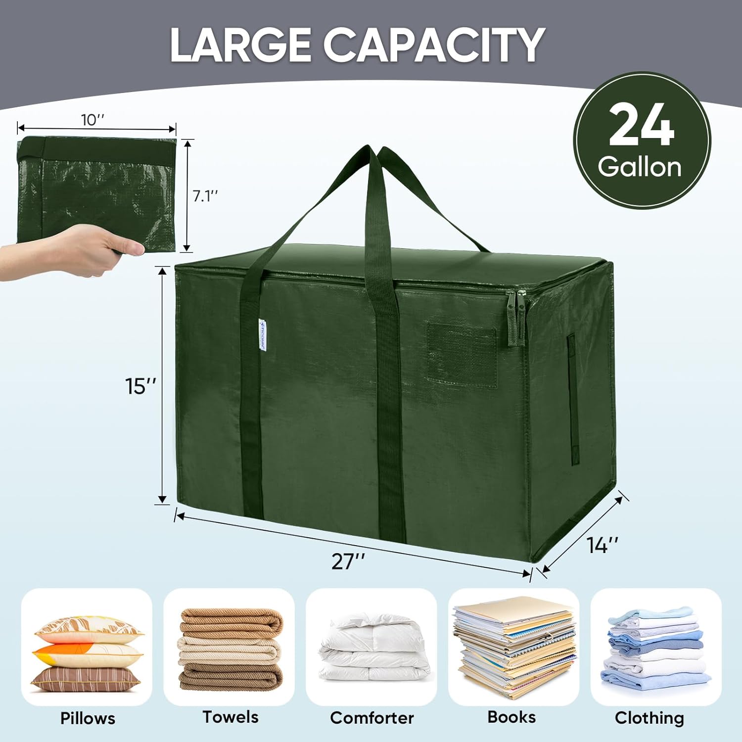 TICONN Extra Large Heavy-Duty Moving Bags - Durable Storage with Zippers & Handles | 8 Pack, Olive
