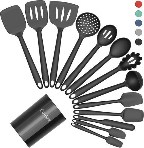 Coukre Silicone Kitchen Utensils Set - Heat-Resistant, Food-Grade Tools with Holder | 14-Piece in Pure Black