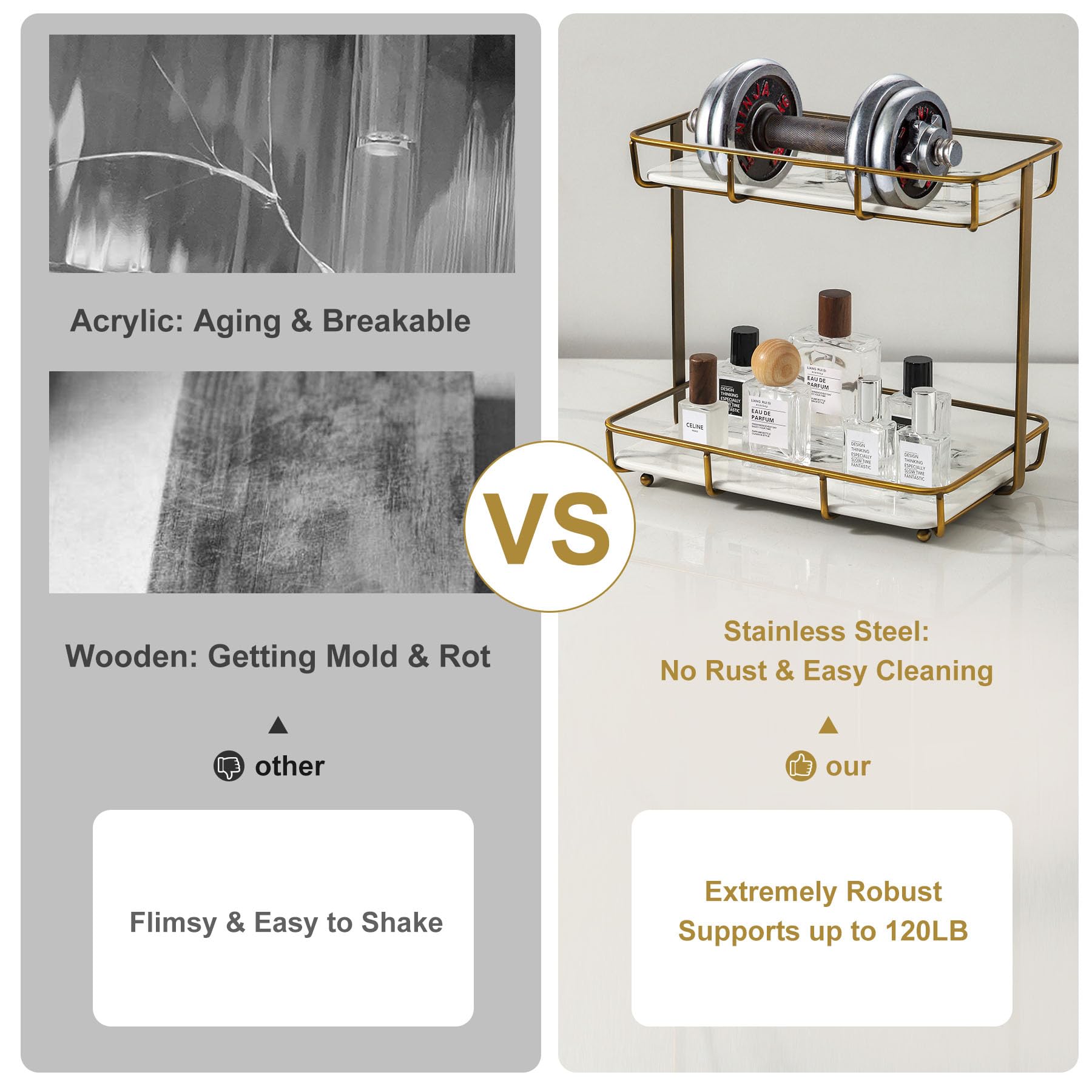 Bathroom Organizer Countertop Perfume Organizer Makeup Organizer Cosmetics Storage Display Rack Vanity Tray Dresser Stainless Steel Gold Shelf White Marble Ceramic Tray