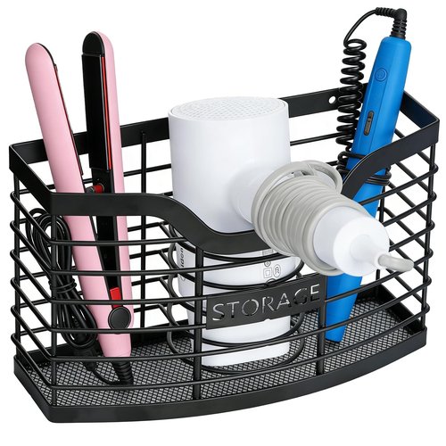 KIMERSE Hair Tool Organizer, Stainless Steel Hair Dryer Holder for Dresser, Bathroom Countertop & Cabinet Door, Wall Mount Storage Basket for Holding Hairdressing Curler, Blow Dryers, Shaver, Comb
