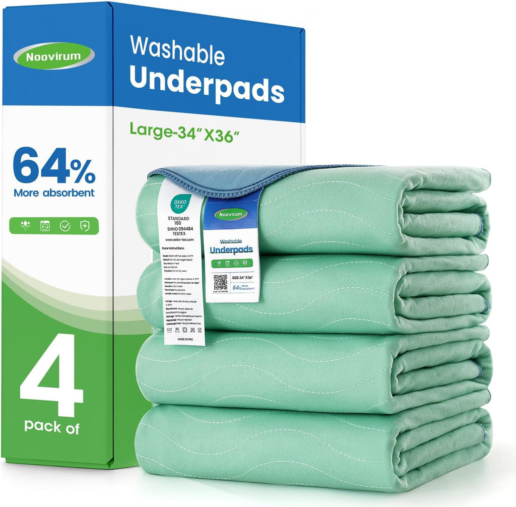 Noovirum® Washable Underpads - Heavy Absorbency Incontinence Bed Pads | 34"x36" (Pack of 4) - Waterproof & Reusable
