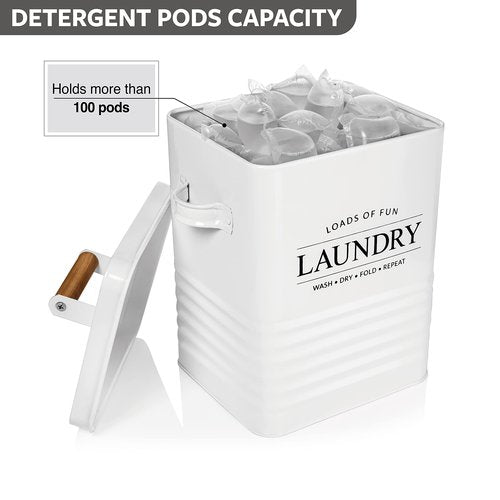 Calindiana Modern Farmhouse Metal Laundry Soap Dispenser with Scoop for Decor and Space Saving Organization, White