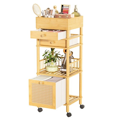 Amazer Bamboo Makeup Organizer Cart with 3 Drawers, Floor Skin Care Storage for Bathroom Bedroom, Rolling Vanity Organizer Cart for Cosmetic, Nail Polish, Perfume and Hair Tools