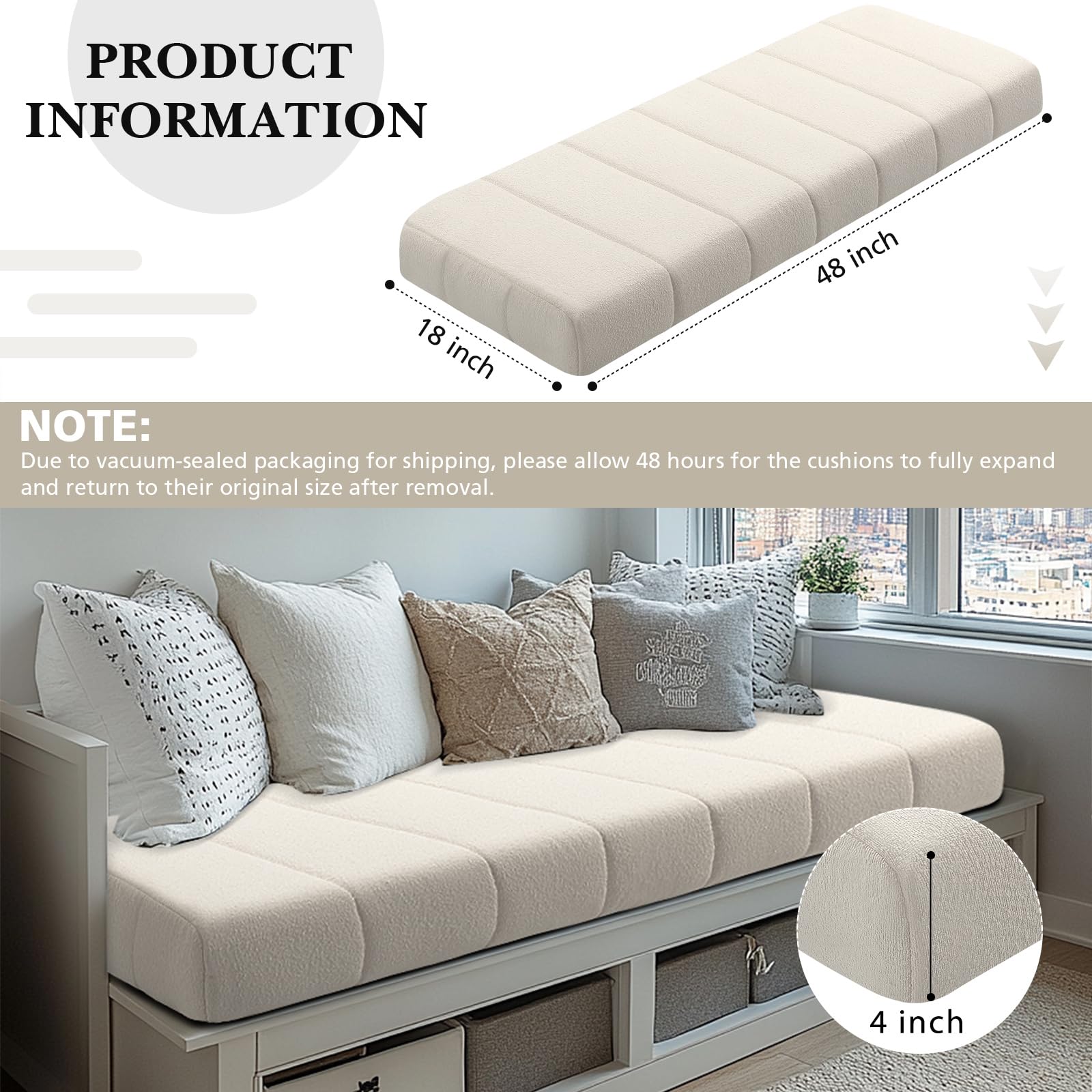 Wenqik Bench Cushion 48x18x4 Inch for Indoor Outdoor Furniture Tufted Thicken Bay Window Seat Cushion Non Slip Waterproof Dining Piano Bench Pad Pillow Anti Cat Scratch for Patio Porch Swing, Beige