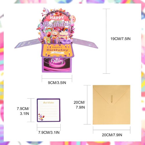 Happy Birthday Pop Up Card - Unique 3D Greeting Card for Men & Women | Foldable Celebration Card (Purple)