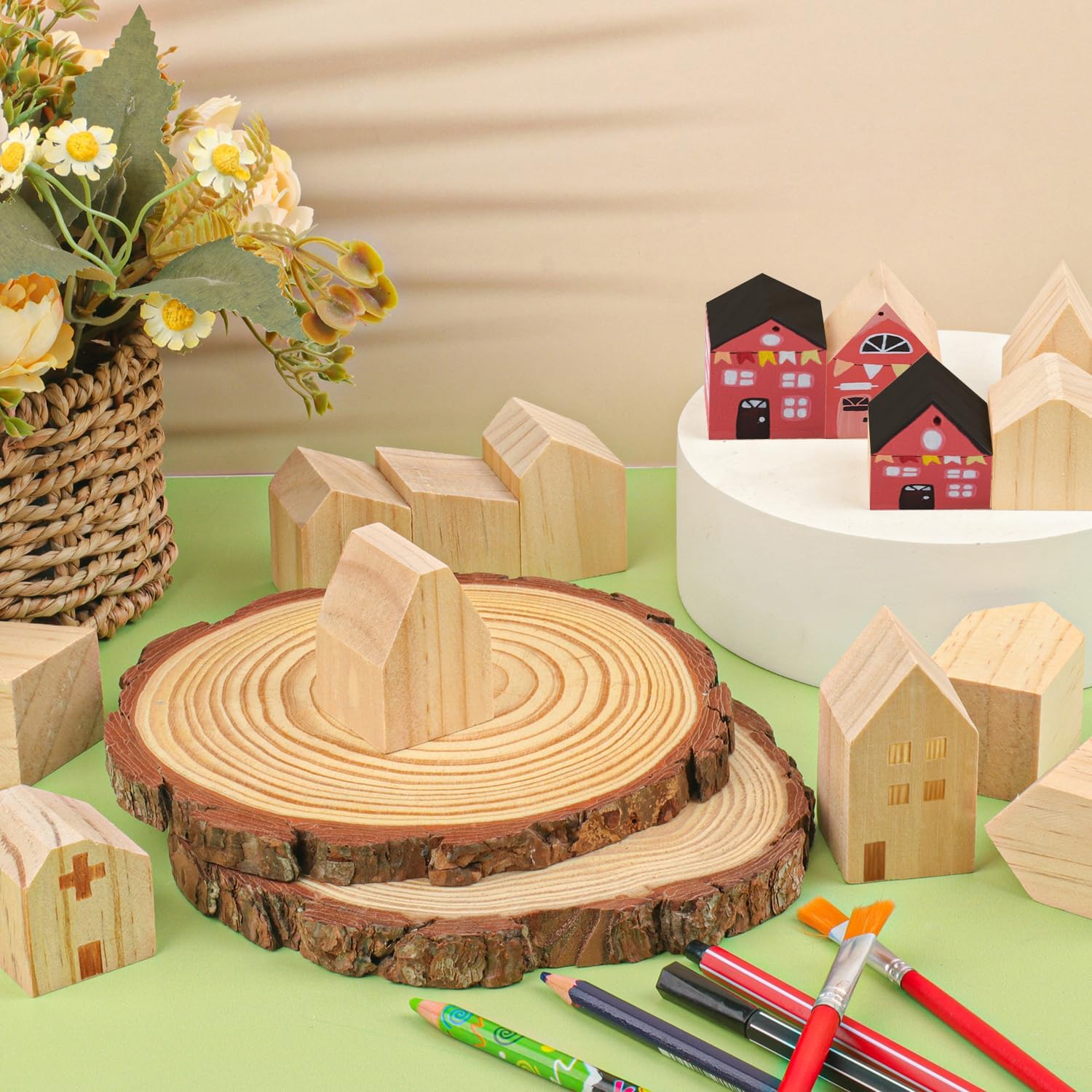 Skiennix 56 PCS Multi-Size Unfinished Wood House Blocks - Perfect for DIY Crafts & Home Decor