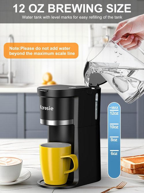 Karosie Small Single Serve Coffee Maker, Fast Brew for K-Cup & Ground Coffee, 6-12 Oz Brew Sizes, One-Button Single Cup Coffee Maker, Coffee Machine with Descaling Reminder