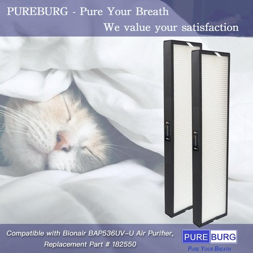 PUREBURG 182550 Replacement Filter Compatible with Bionair BAP536UV-U Air Purifier, 2-Pack H13 HEPA Activated Carbon Pre-Filters For Air Clean Dust VOCs Odor