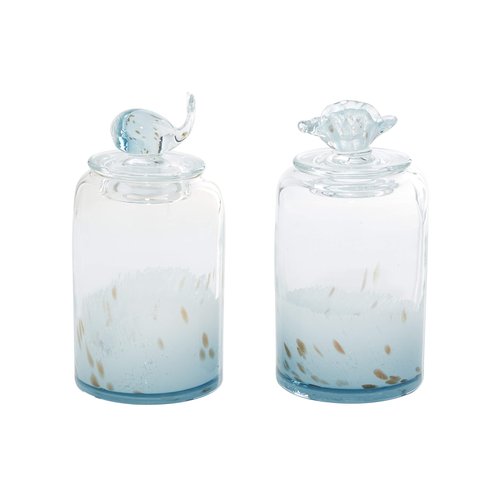 Deco 79 Glass Shell Handmade Living Room Decorative Jars Decorative Container with Whale and Seashell Tops, Set of 2 Jar with Lid 5"W, 9"H, Blue