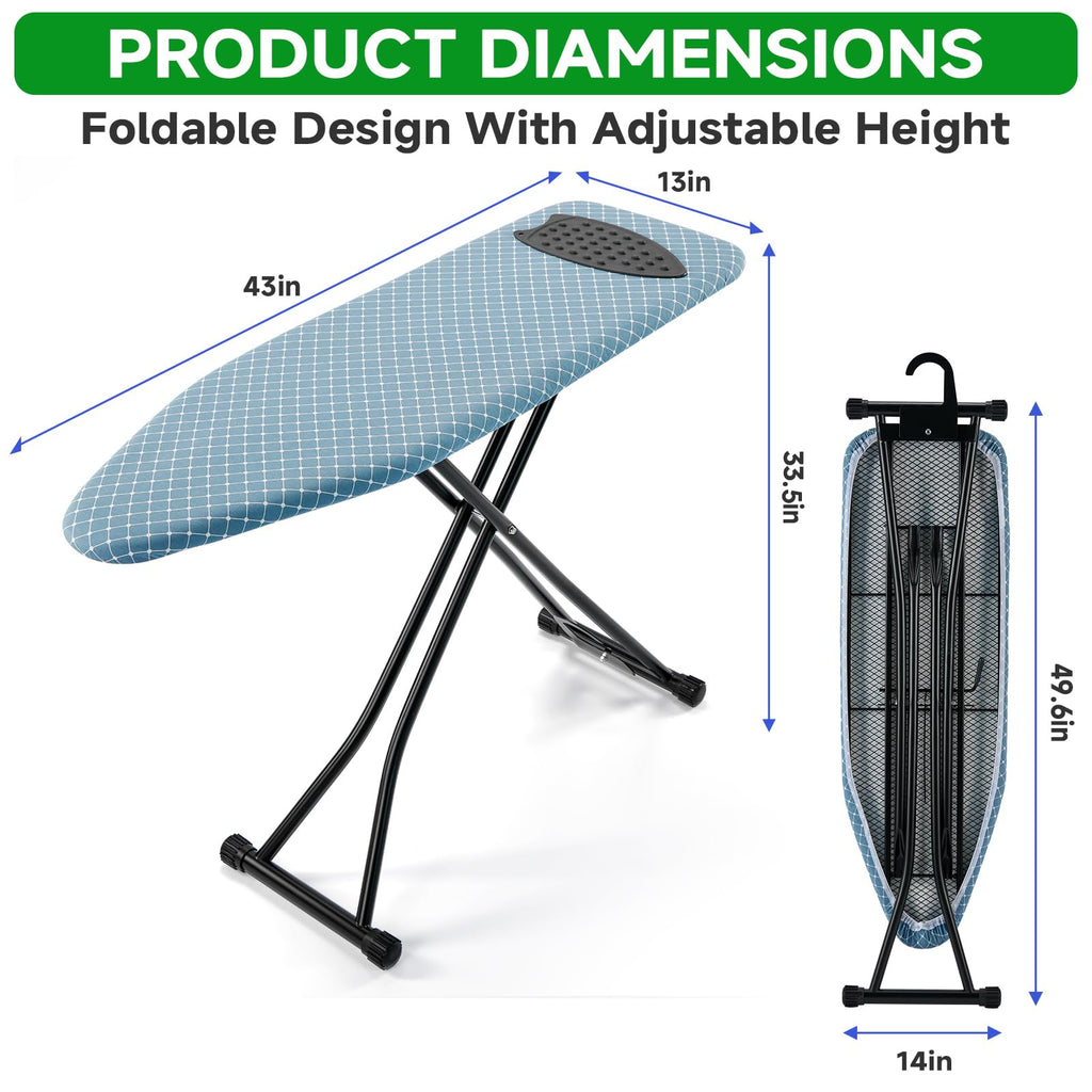 BKTD Compact Ironing Board 13 x 43, Iron Board with Heat Resistant Surface, Adjustable Height, Space Saving Table with Hook & Iron Rest for Home & Laundry Room, Diagonal Checkered Blue