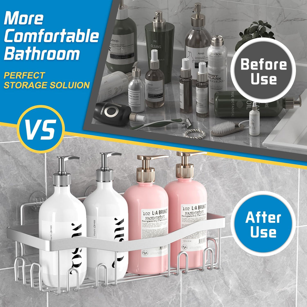 Youvip Adhesive Shower Caddy - Rustproof No-Drill Bath Organizer Set | 5-Pack Silver Shelves with Soap & Toothbrush Holder