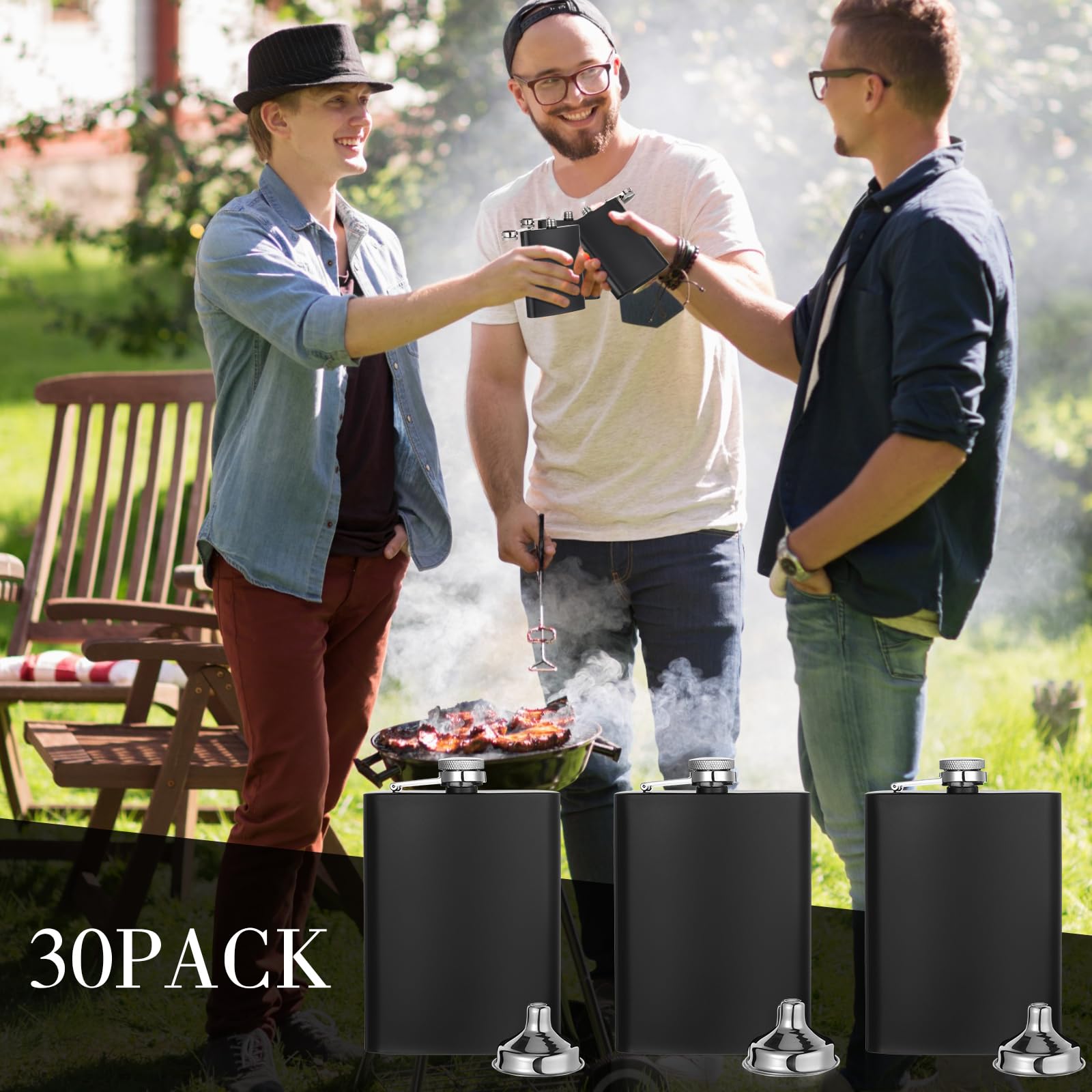 Hoolerry 30 Pack Hip Flasks for Liquor,Stainless Steel Whiskey Flask Set with Funnels Pocket Bulk for Groomsmen Gifts, Bridesmaids, Bachelor Party, Wedding Favor Supplies(8 oz,Matte Black)