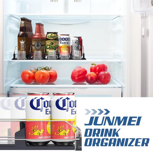 JUNMEI Drink Organizer for Mini Fridge (Fits Depth ≥ 12.2"), 12oz 16oz 20oz Soda Can Dispenser, Width Adjustable Automatic Pusher Glide, 12.2" D 4ROW Holds 16 Cans, White