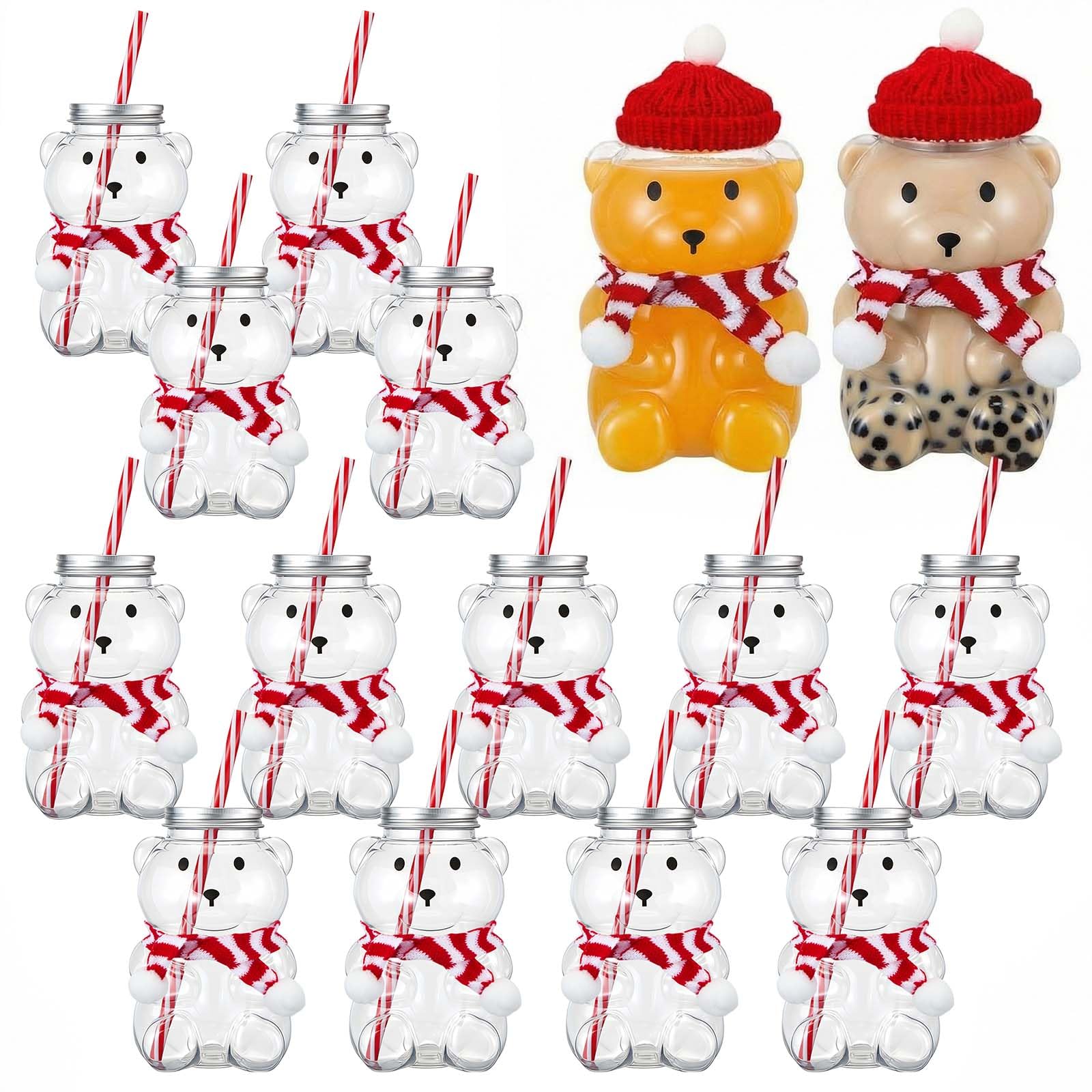 Baderke 15 Set Valentine Bear Plastic Bottles with Straws Set Including 17 oz Cute Teddy Bear Cups Reusable Drink Cup Empty Bottles Straws and Caps for Valentine Party Milk Juicing Drinking