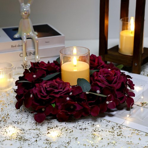 Artificial Flower Candle Rings - 6-Inch Burgundy Rose Wreaths with Butterflies for Wedding & Christmas Decor