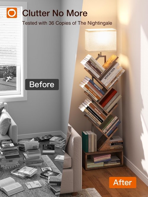 addlon 6-Tier Tree Book Shelf with LED Light, Steel&Wood Bookshelf with Storage Cabinet, Narrow Tall Bookcase with 3CCT Bulb, Small Bookshelf for Bedroom, Home Office&Living Room-Rustic Brown