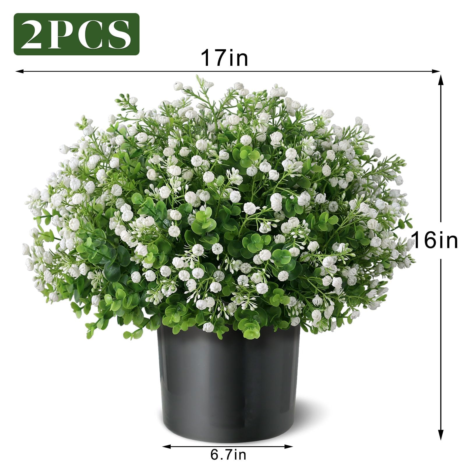 Artificial Eucalyptus with Baby's Breath Topiary Ball Trees - 2 Set Plastic Faux Eucalyptus Plants in Pot, Sun Resistant Fake Greenery Potted Bushes for Front Door Farmhouse Garden Porch Decor