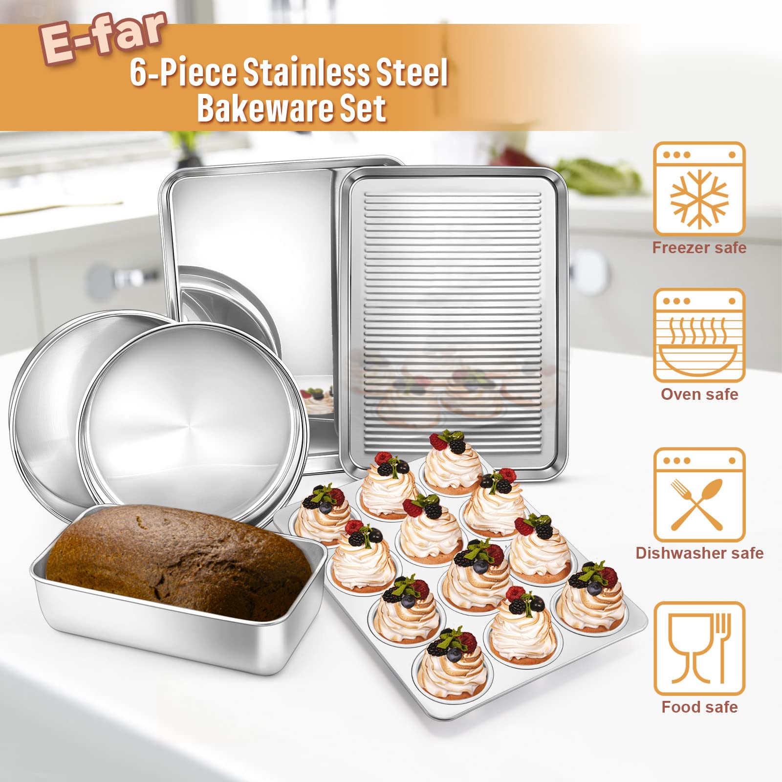 E-far 6-Piece Baking Pans set, Stainless Steel Bakeware Set for Oven, Include 8-Inch Cake Pan/Rectangle Baking Cookie Sheet/Muffin/Loaf Pan, Non-Toxic & Heavy Duty, Dishwasher Safe