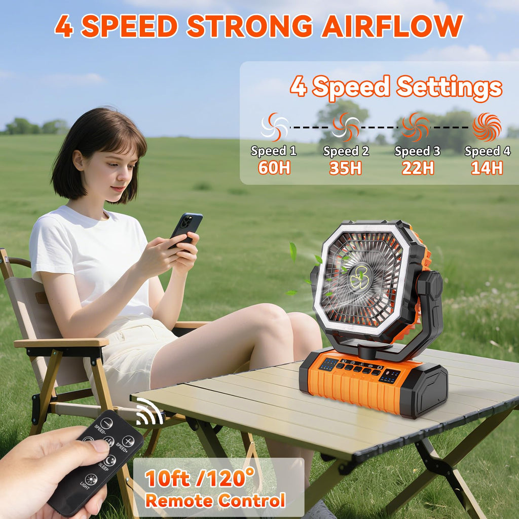 ZioeYiue Camping Fan Rechargeable, 20000mAh Large Battery Powered Fans, 4 Speed Rechargeable Fan with Remote, Cordless Battery Operated Fans with LED Light and Hanging Hook for Camp Tent Beach Outdoor