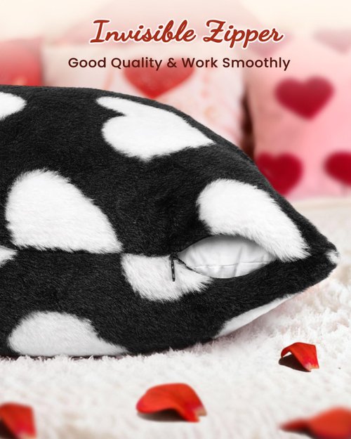 Kokaaee Valentines Pillow Covers 18x18 Inch Set of 2 - Plush Faux Fur Black White Love Hearts Valentines Day Jacquard Throw Pillow Covers Decorations Soft Home Decor for Couch, Sofa, or Bed