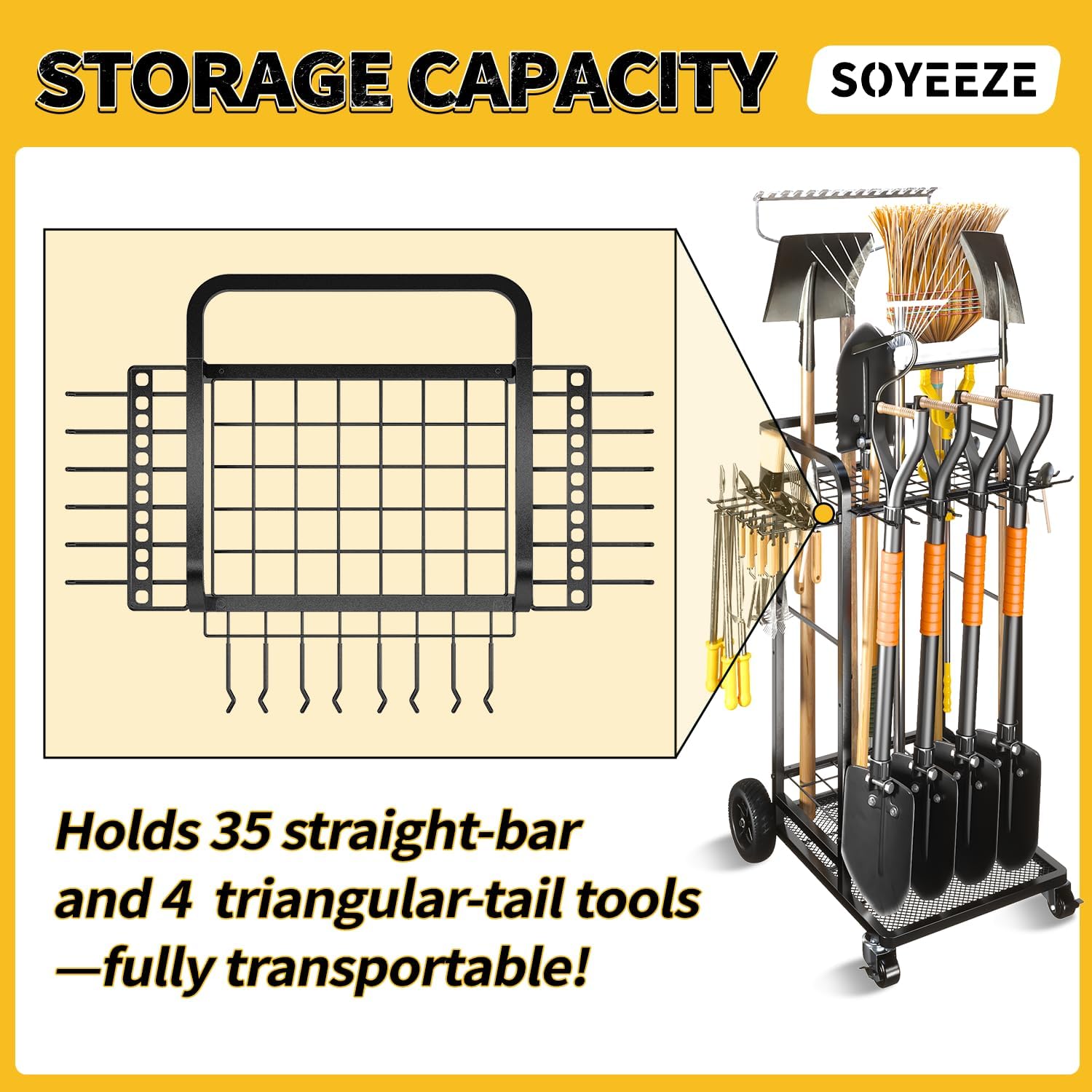 SOYEEZE Garden Tool Organizer - Heavy-Duty 3-Tier Tool Rack with Large Wheels | Holds 35 Tools, 12 Hooks