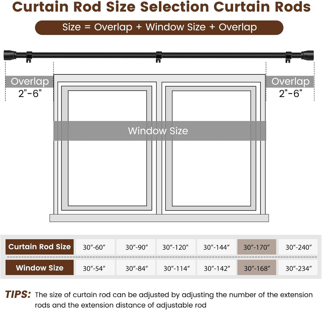 Skiennix 1” Diameter Adjustable Curtain Rod - Heavy Duty Matte Black | Fits 30-170 Inch Windows