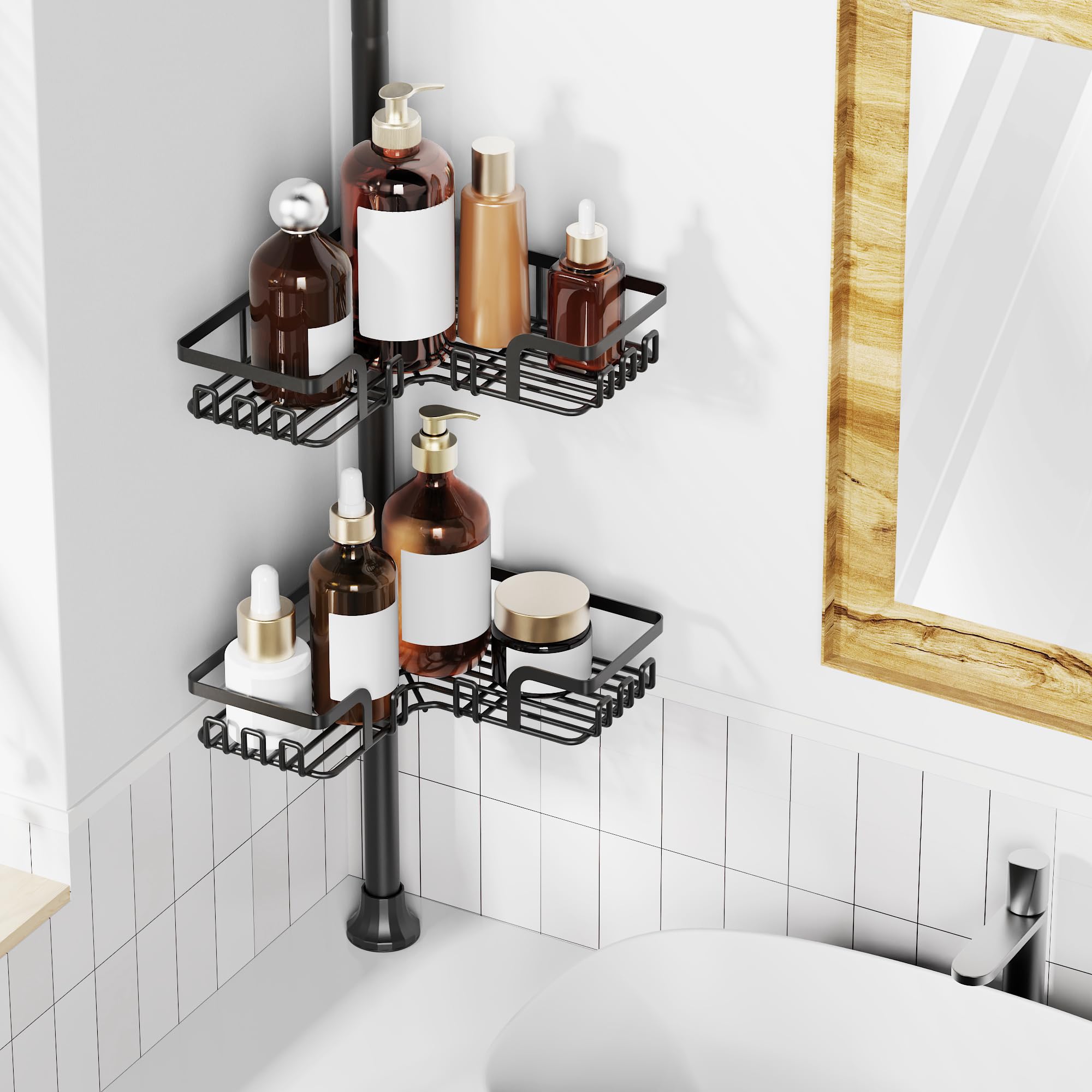 Tension Pole Shower Caddy 5x Stability, Adjustable Floor to Ceiling Shower Organizer, Standing Shower Tension Rod Shelves, 4 Tier Storage Shelves with 2 Soap Holders/Hanging or Adhesive, 25in-114in