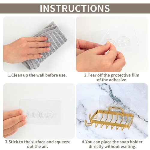 Snailhouse Soap Dish for Shower, Wall Self Draining Adhesive Hanging Stainless Steel Bathroom Bathtub Bar Soap Holder Tray Caddy with 2 Hooks, Gold