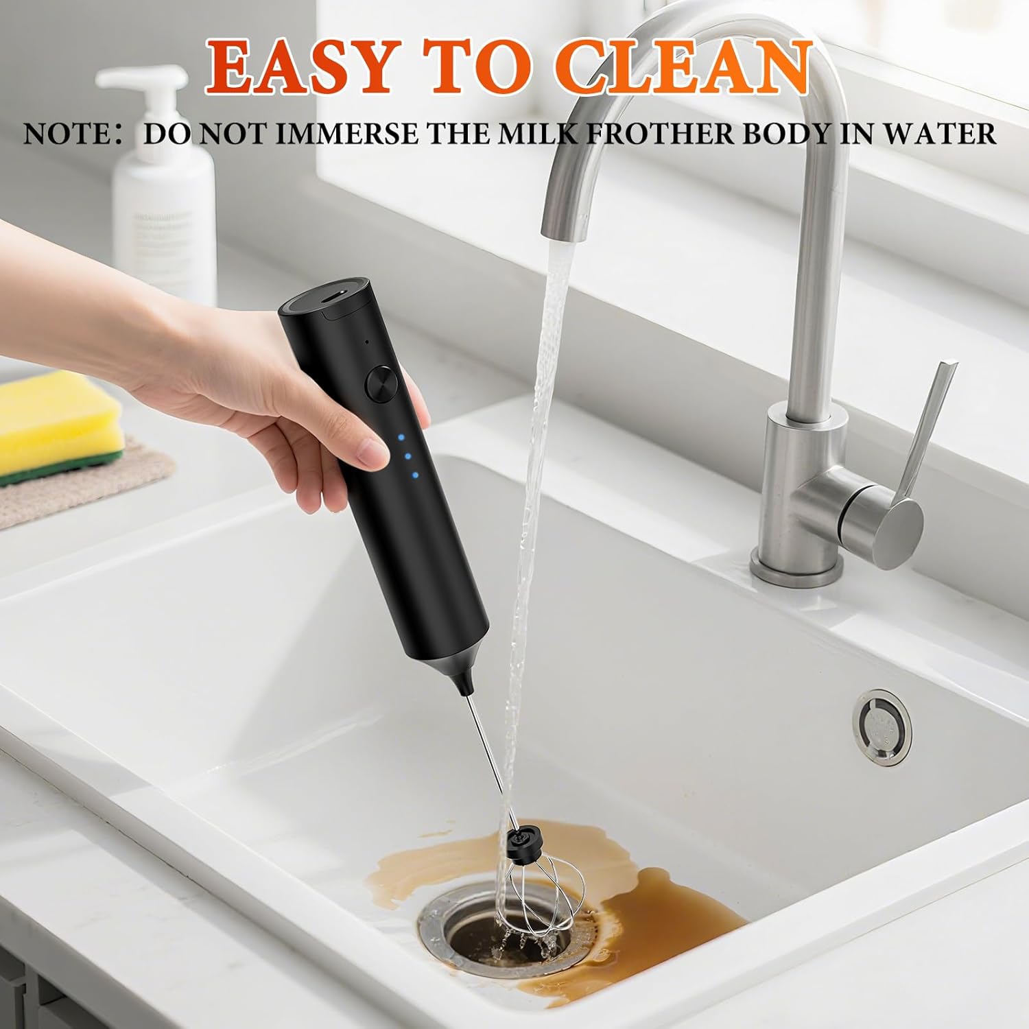 Skiennix Milk Frother - Rechargeable Handheld Drink Mixer with 3 Speed Settings & Stainless Whisks | Black