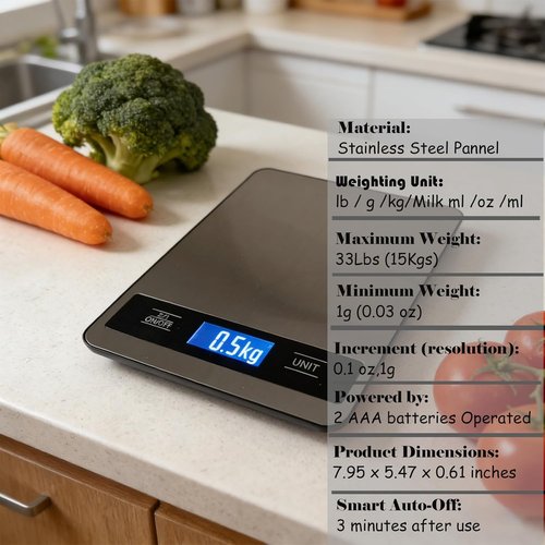 33lb/15kg Digital Food Kitchen Scale - Precision 1g/0.1oz Timer, Stainless Steel, Easy-Tare | Silver