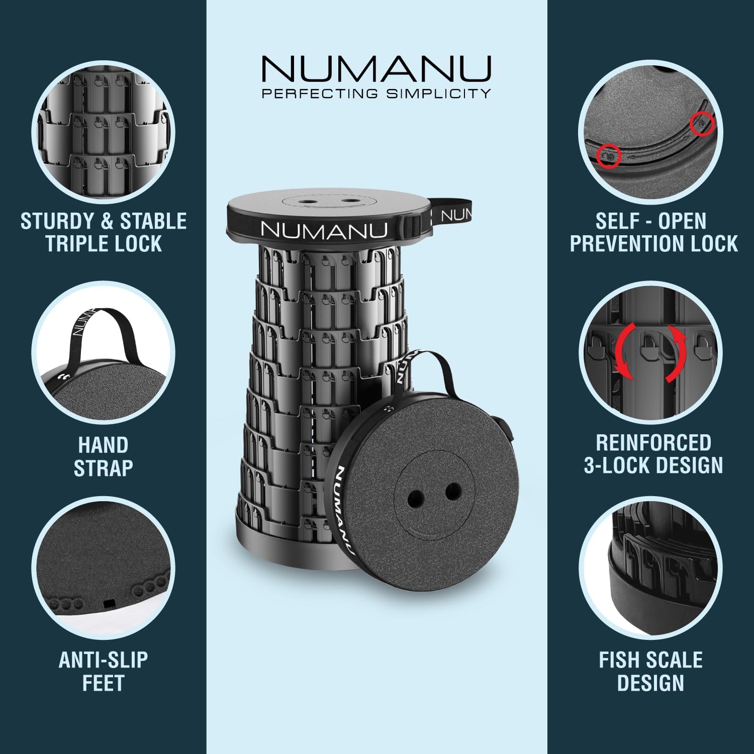 NUMANU Collapsible Stool - Upgraded 2026 Design, Max 620lbs, 18" H Adjustable Portable Folding Seat