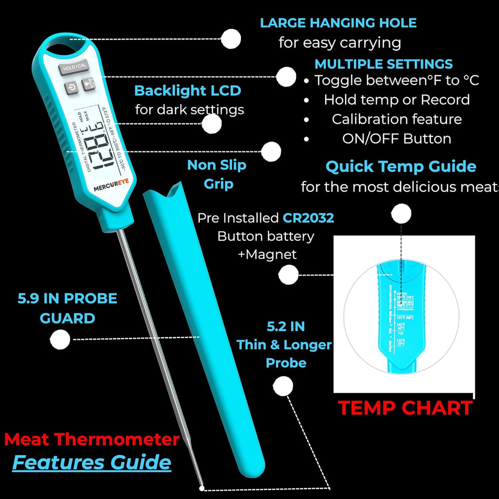 Meat Thermometer Digital - Instant Read Waterproof Kitchen Thermometer with Nonslip Grip | Perfect for Cooking, Candy, and Grilling